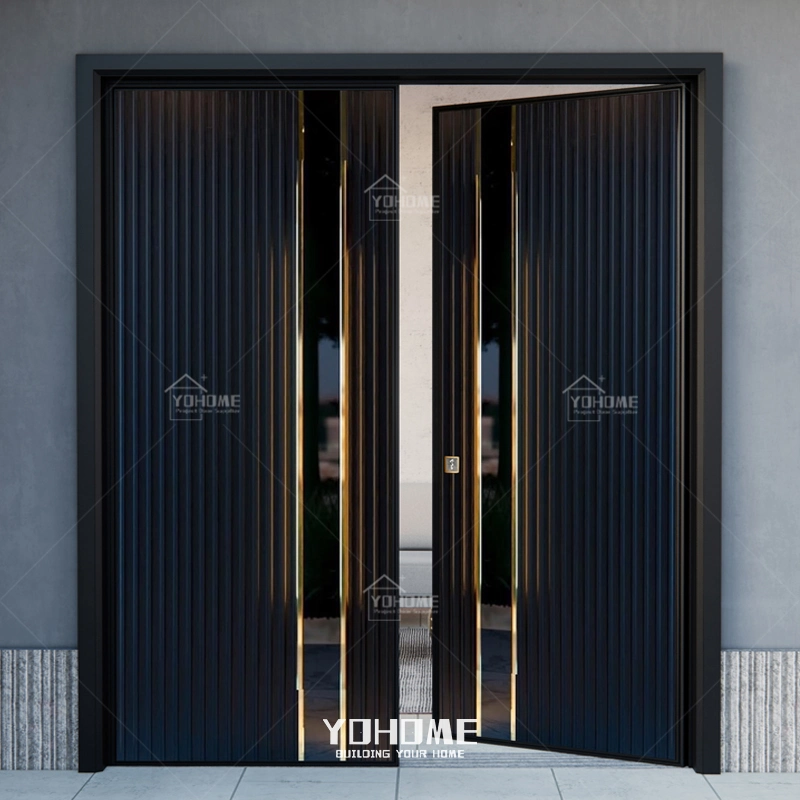 Yohome OEM Porte en acier pour préadolescents Porte d'entrée principale en métal Portes doubles modernes Porte d'entrée extérieure en bois Porte de sécurité avant double en fonte d'aluminium Portes doubles avant en bois.