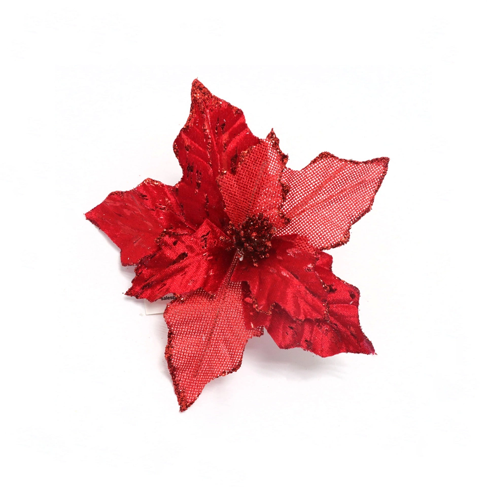 Hot Selling Christmas Decoration Red Flannelette Poinsettia Christmas Flower Shining Artificial Flower Tower Decorative Flowers