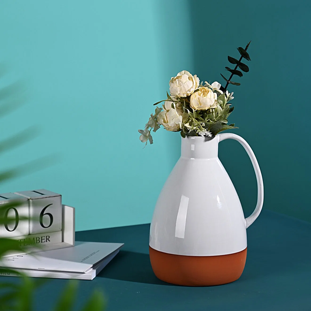 Terracotta White Shiny Glazed Kettle Jug Shaped Flower Pot with Large Thin Single Handle