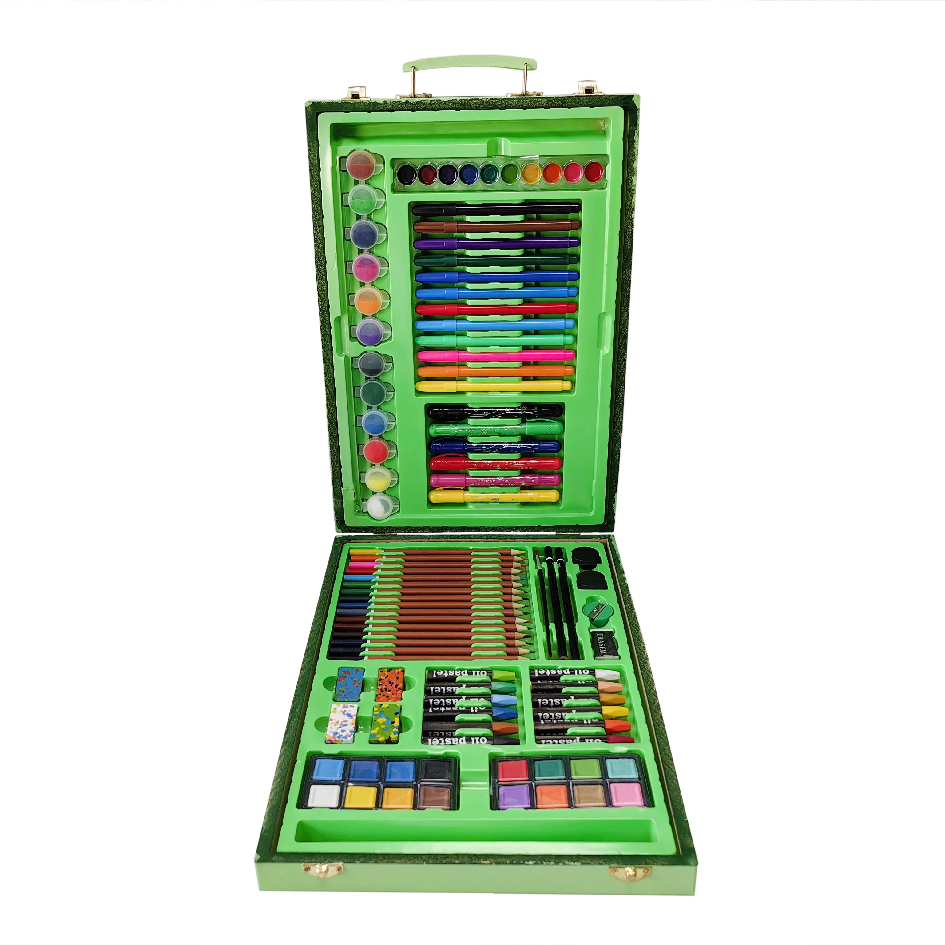 96 PCS Green Wooden Box Drawing Set with Dazzle Color Bar, Conjoined Water Paints, Long Color Pencils Creative Set Toy