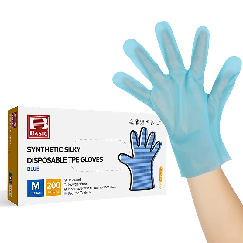 Industry or Food Grade 200PCS Box Pack Powder Free Blue Color Disposable TPE Gloves Stretch Poly Gloves Hybrid Plastic Gloves for Food Service-Daily Use