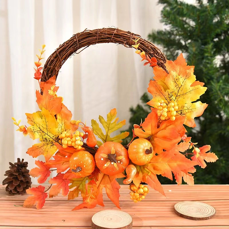 Harvest Halloween Yellow Maple Leaves Autumn Wreath Artificial Pumpkin Wreath