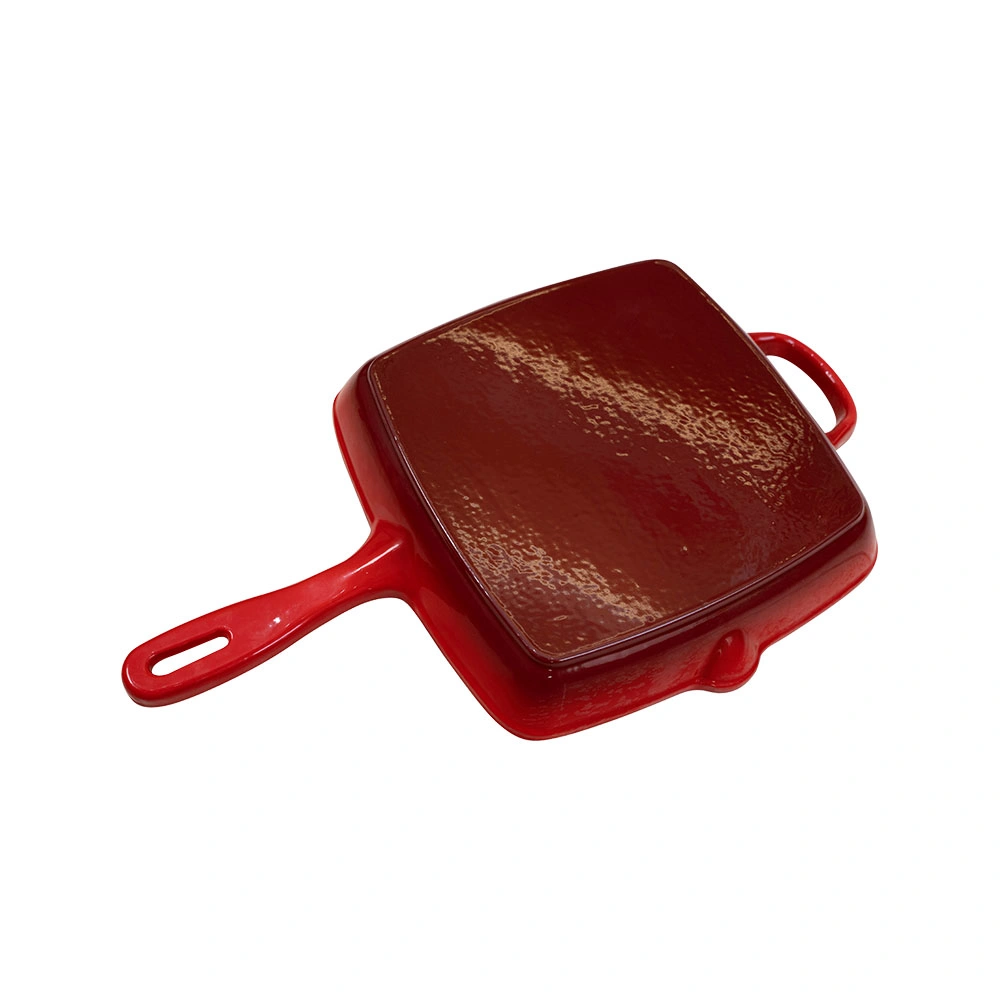 Enameled Cast Iron Cookware Square Frying Pan with Red Enamel Handles