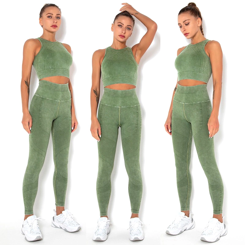 Hot-Sale 2/3PCS Set Muslim Yoga Outfits Seamless Athletic Apparel for Women, Custom Green Tank Top with Gym Leggings Conservative Sports Clothes