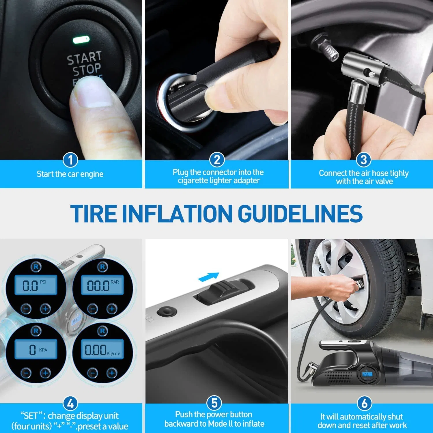 4-in-1 Car Vacuum Cleaner Tire Inflator 120W/DC 12V with LCD Tire Pressure Display LED Light Wet/Dry Air Compressor