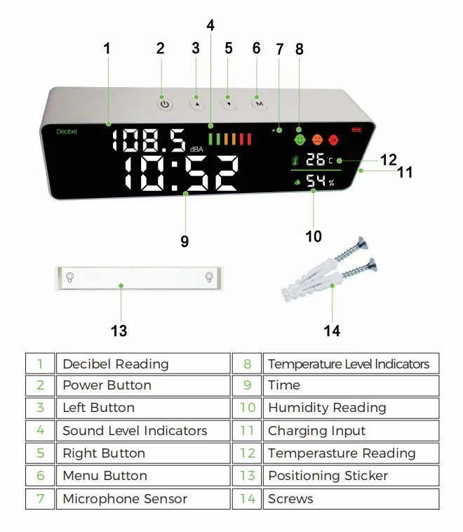 4 em 1 hora de capacidade de relógio com medidor de decibéis e ecrã LCD