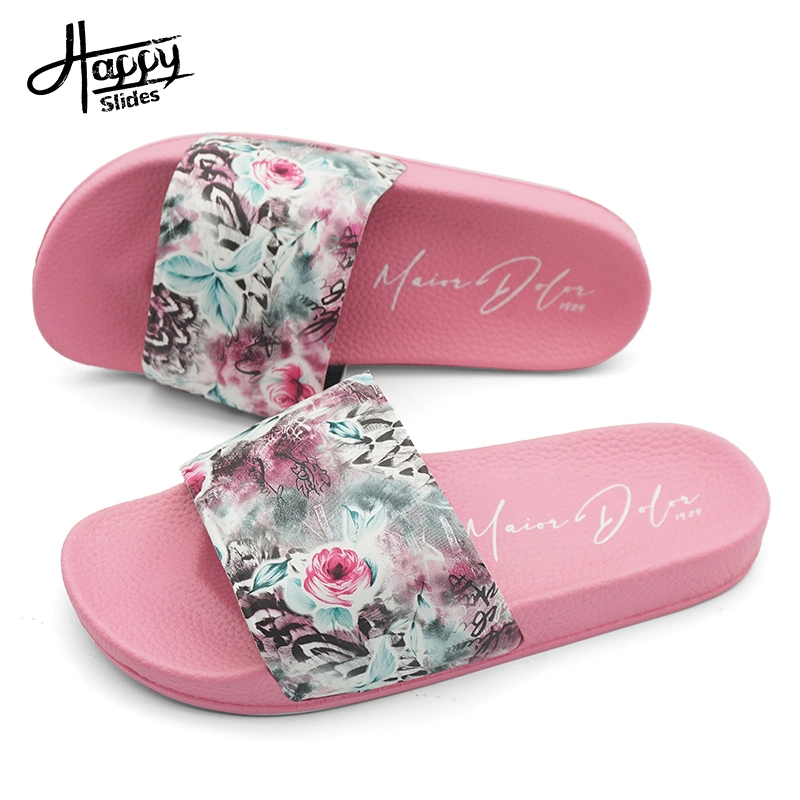 Happy Slides Ladies Shoes Slippers Custom Design Logo Slippers 2022 Custom Ladies Slippers Pink PVC Summer Fashion Sandals