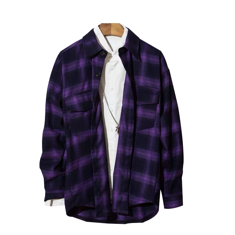 Comercio al por mayor negro púrpura de manga larga camisa de franela Plaid logotipo personalizado para los hombres camisas de franela Color