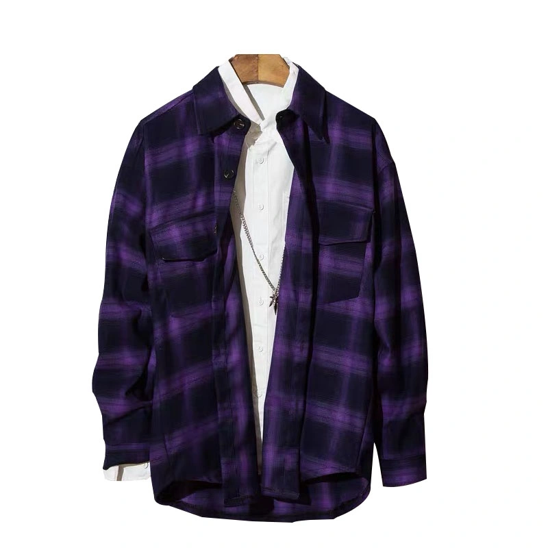 Großhandel Lila Schwarz Plaid Langarm Flanell Shirt Custom Logo Farbige Flanell Shirts für Herren