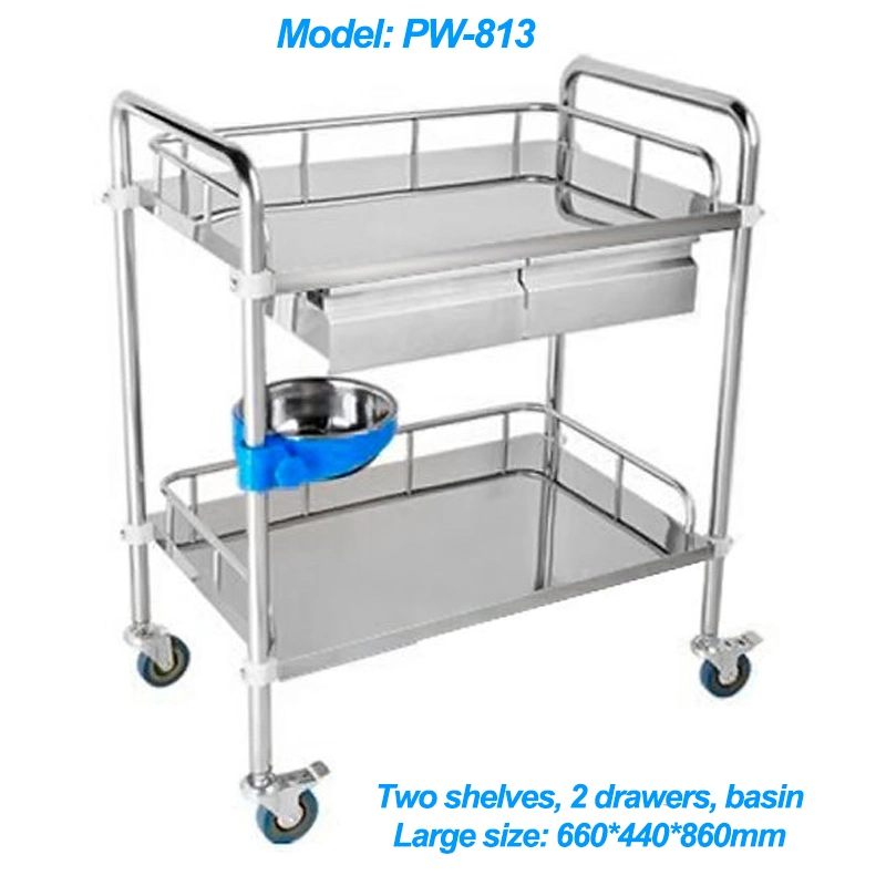 Medical dos estantes de acero inoxidable carro móvil, Hospital Cesta (PW-813)