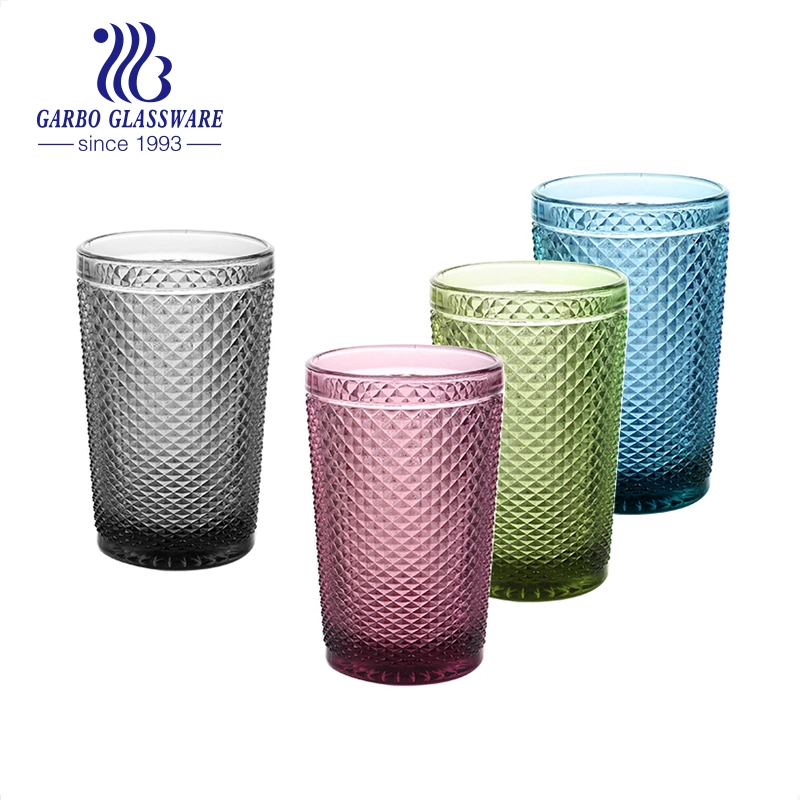 Embossed Solid Color Glass Cup 370 Ml Blue Solid Color Cup for Water Juice Wine Drinking Hot Selling Glass Cup for Home