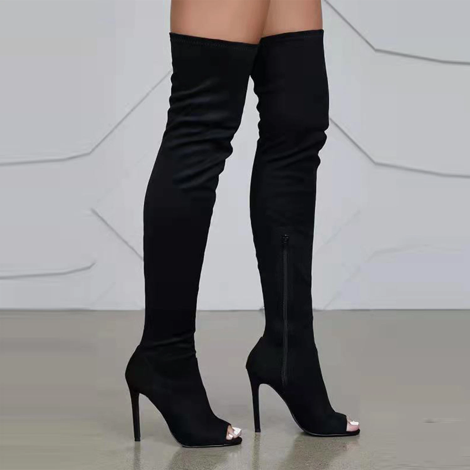 Nueva moda señoras Over-Knee cremallera lateral de boca de pescado alto tacón Stiletto botas Stretch de gran tamaño