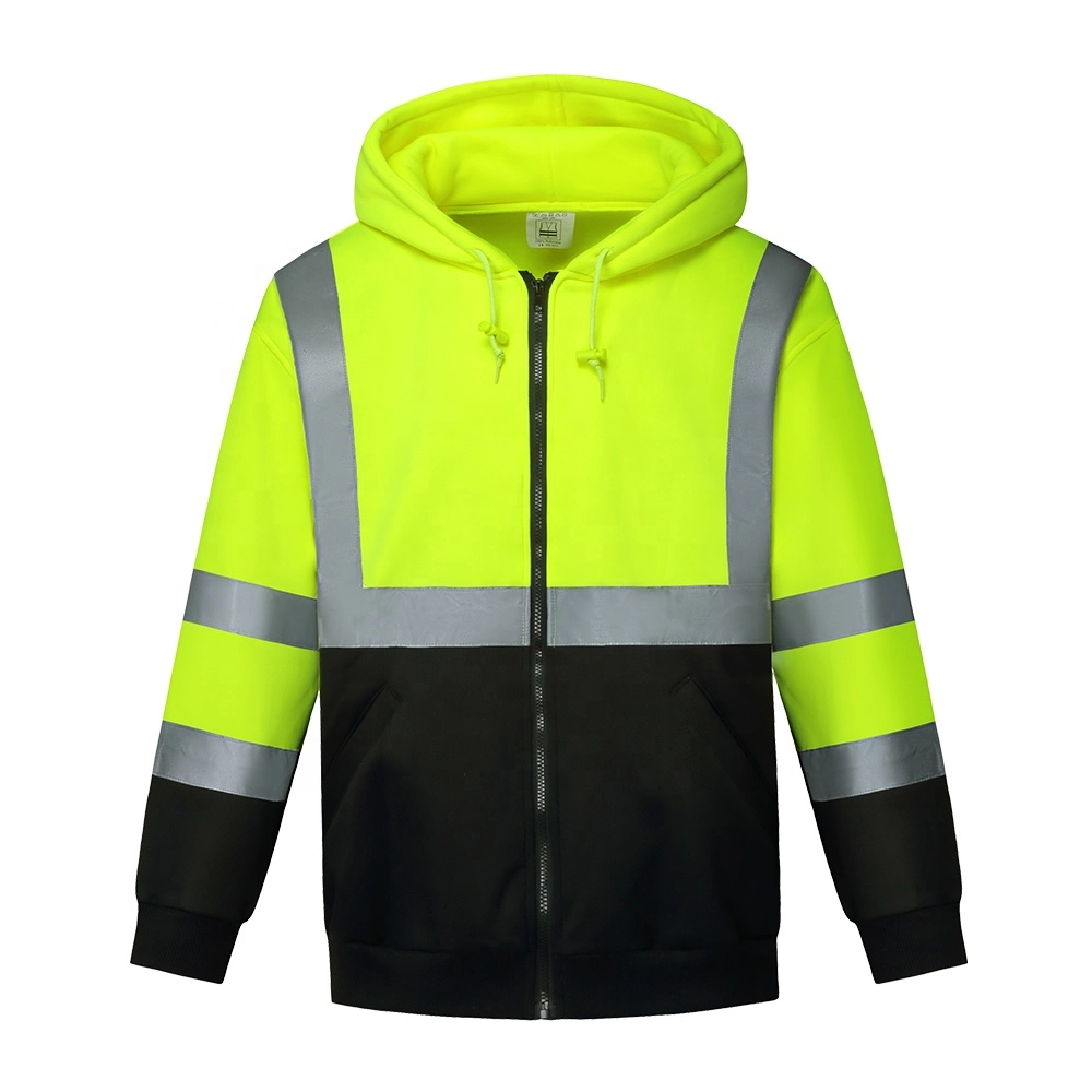 Draw Cords Safety ANSI Class 3 Sweatshirt Warm Fleece Hi Vis Hood Shirt Construction Reflective Hoodie