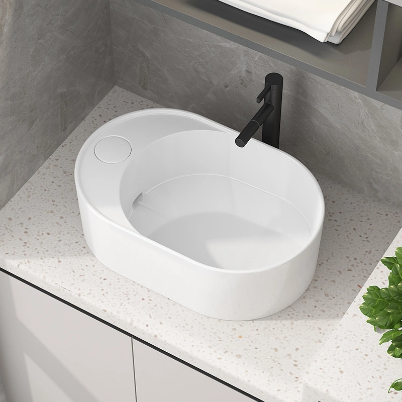 Chaozhou Sanitary Ware Household Wash Basin Ceramic Wash Basin Balcony Side Launching Single Basin White Oval Art Basin