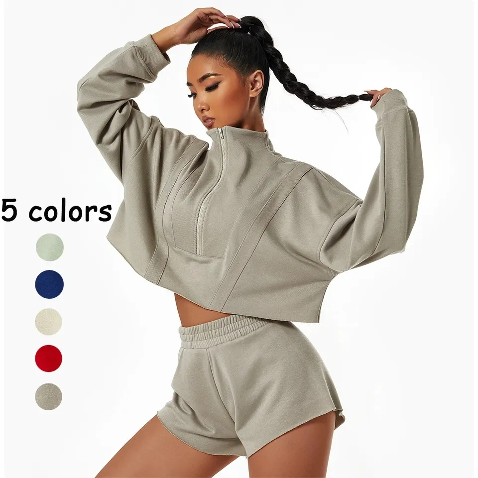 Best Price Workout Sets Quick Dry Sportswear Women Long Sleeve Loose Outdoor Gym Athletic Zip up Crop Running Jacket Shorts Two Pieces