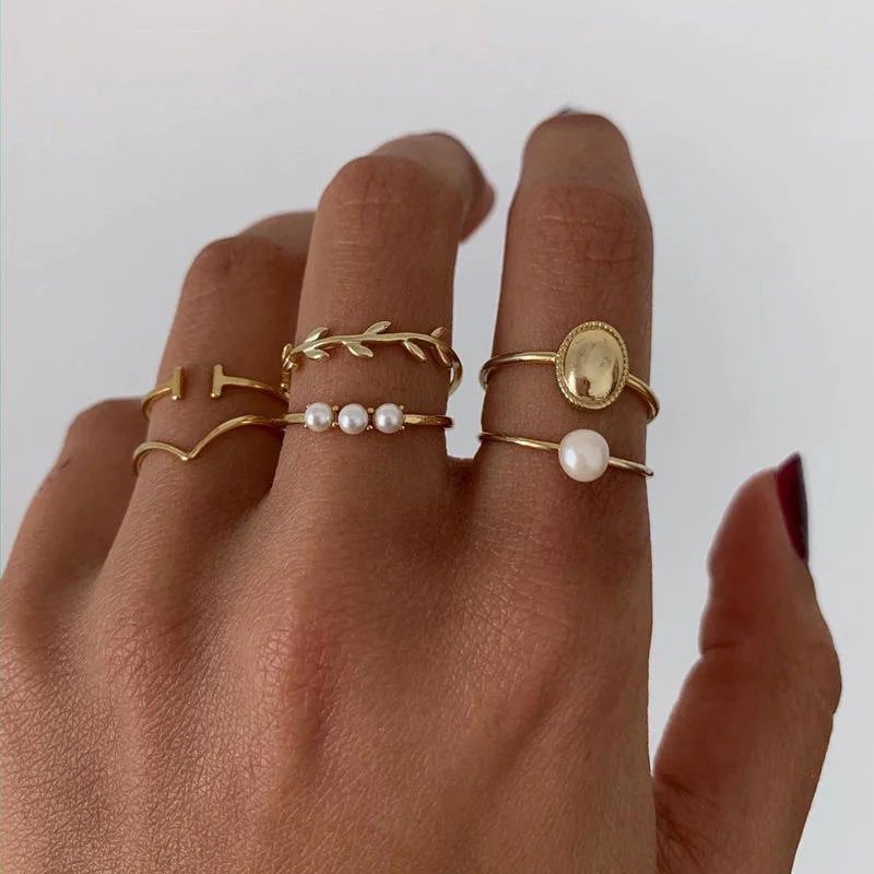 Vintage Leaf Pearl Gold Color Rings Set Fashion Simple Finger Rings Gift