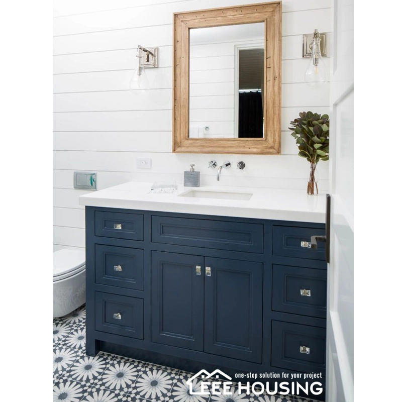 Modern Solid Wood Dark Blue Shaker Style Bathroom Cabinet Vanity Modern Style Classic Antique Floor Mounted Include Quartz Stone Countertops