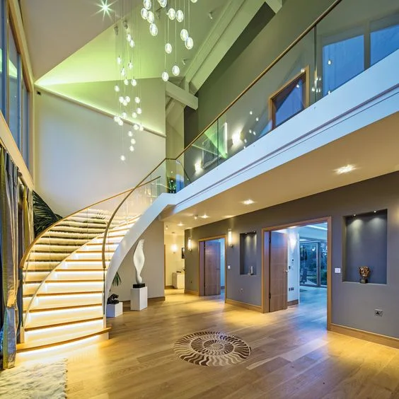 Curved Staircase Glass Railing Steel Spiral Staircase Design Au Standard LED Light Wood Stairs