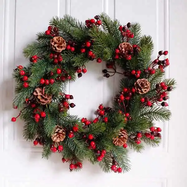 Christmas Simulation Pine Branch Flower Ring Berries Pine Cone Ring Door Decorations Hanging Wall Decorations