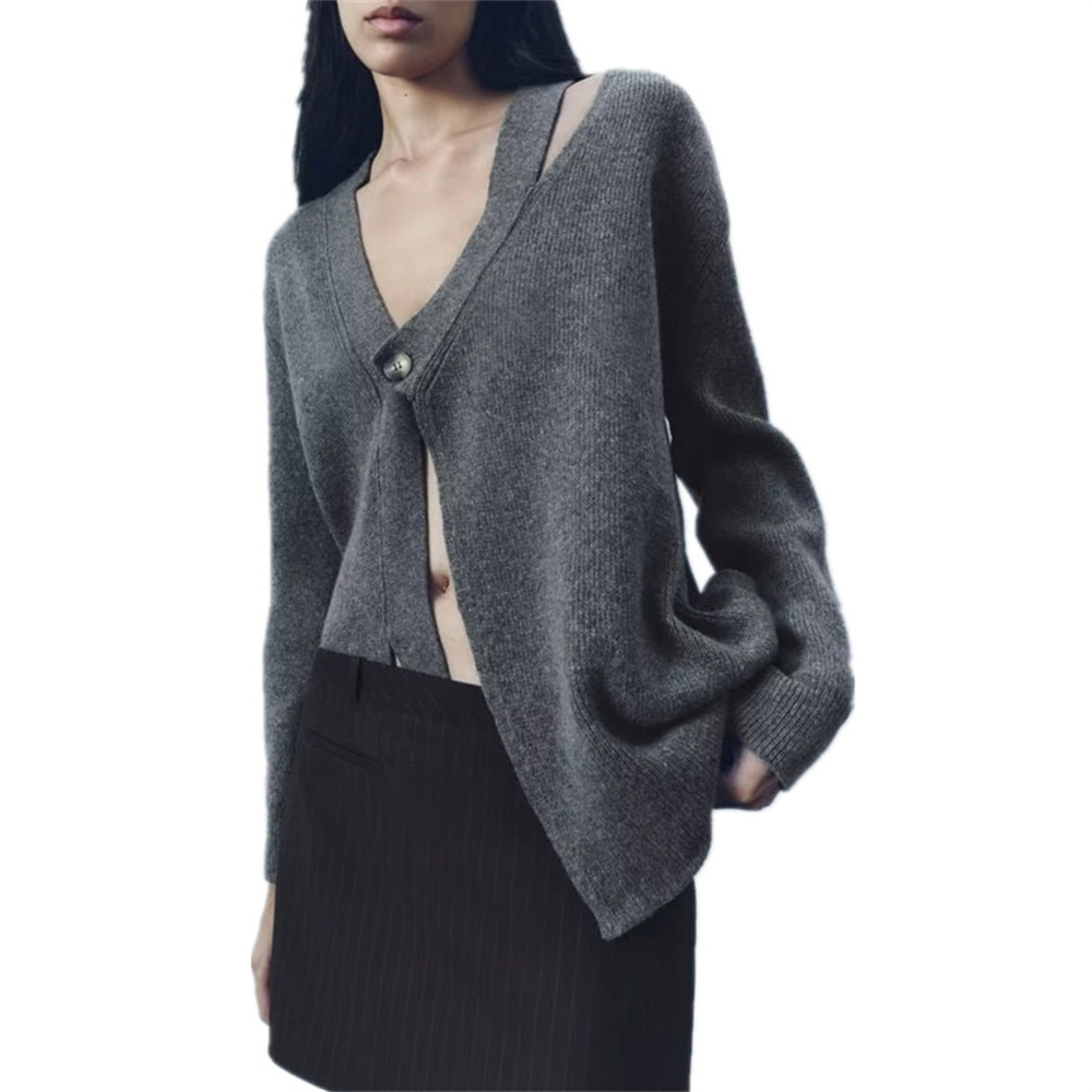 Pb&Za Women's Wholesale/Supplier V-Neck Knitted Jacket Gray Cardigan Sweater