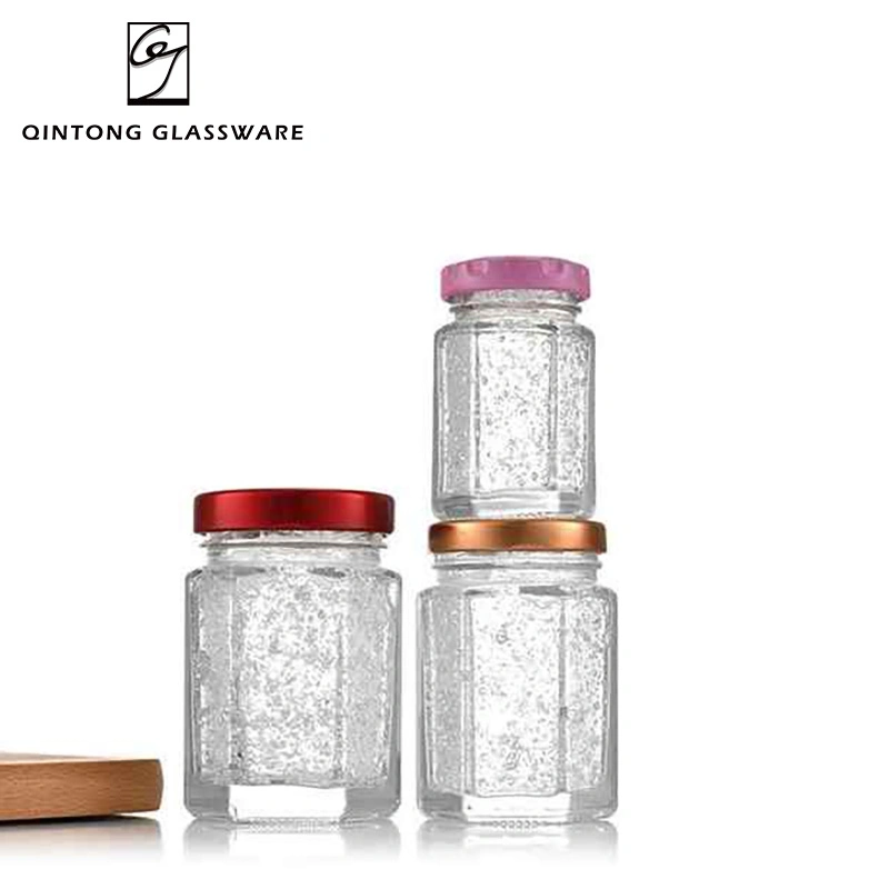 Hot Selling 120ml 4oz Hexagon Classic Glass Honey Jars Bird's Nest Jar with Metal Caps