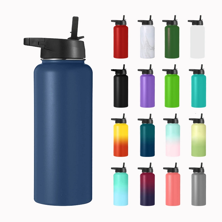 BSCI FDA 32oz 40oz Custom Logo Gym Wide Mouth Large Travel Double Wall Vacuum Insulated Hot Iron Flask Stainless Steel Sport Water Bottle with Straw Lid