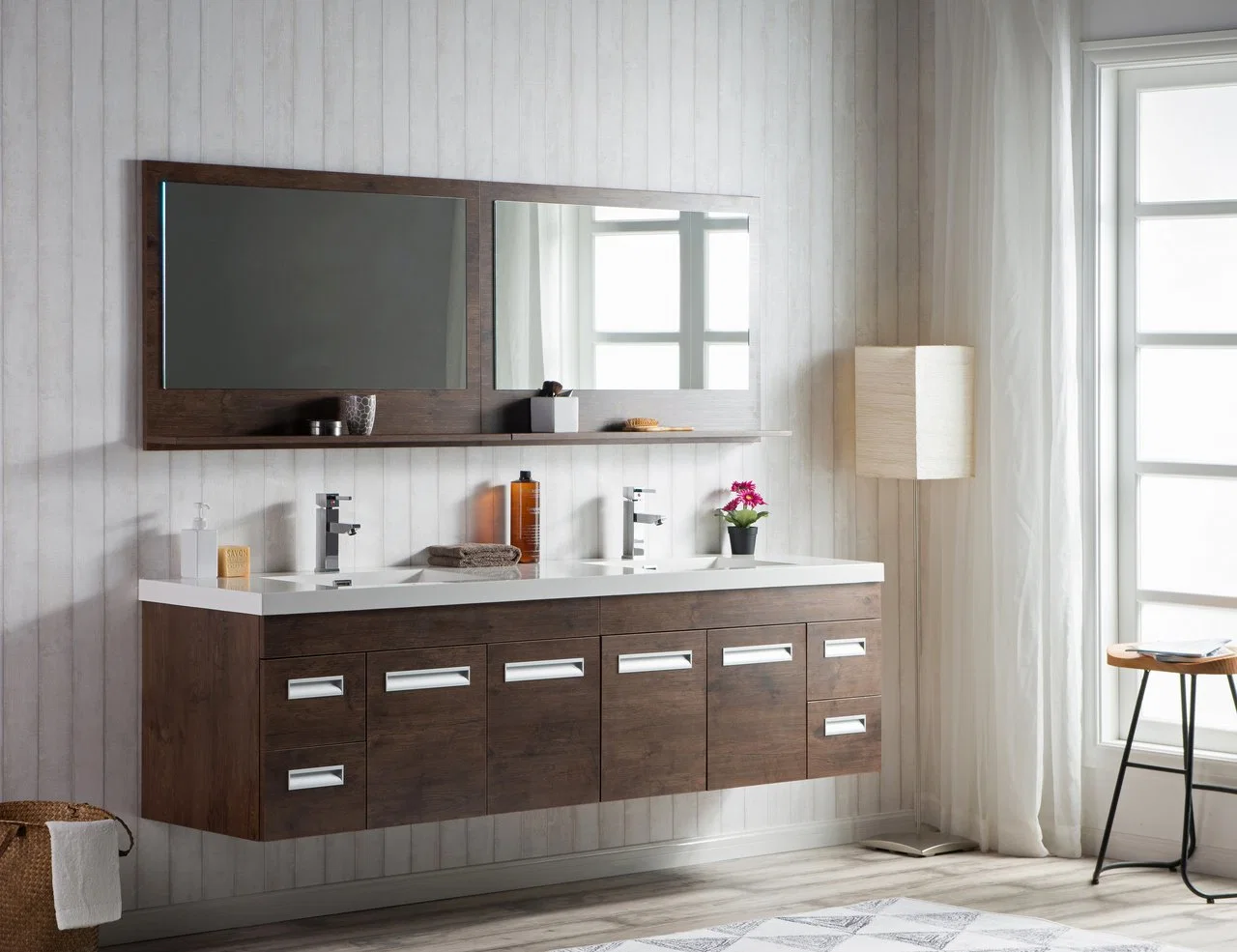 Cuarto de baño personalizadas vanidad madera MDF con la pintura mueble lavabo doble espejo enmarcado Vanit gabinete