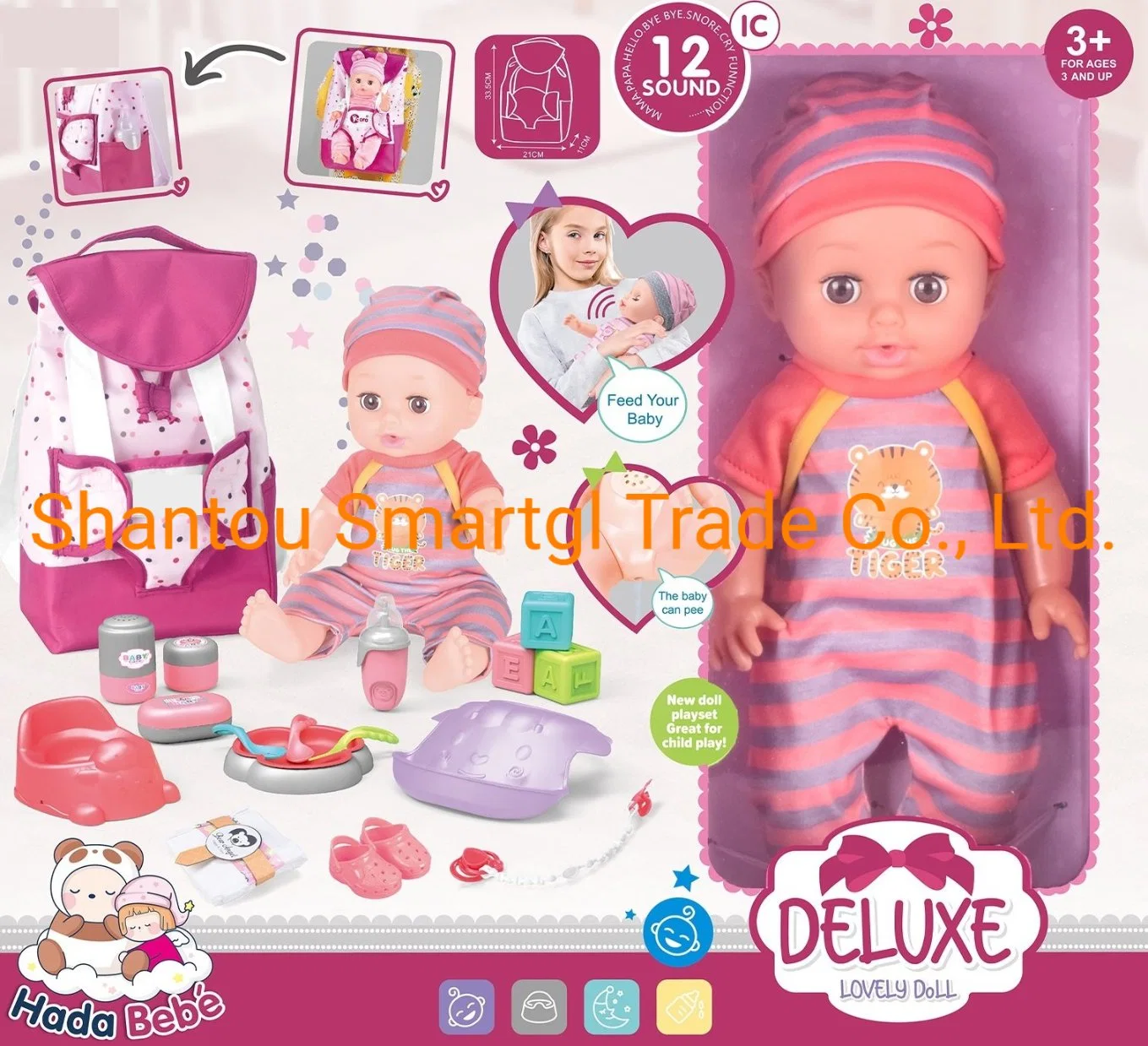 12" Toy Baby Bolsa de muñeca Juego con 14 sonidos, bebidas y ORINA