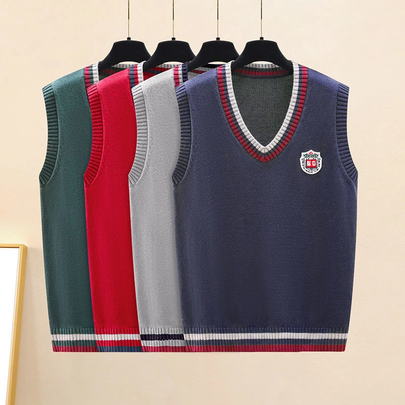 Cable Women Men School Uniform Sweater V-Neck Sleeveless Vest Knitted Embroidery Pullover