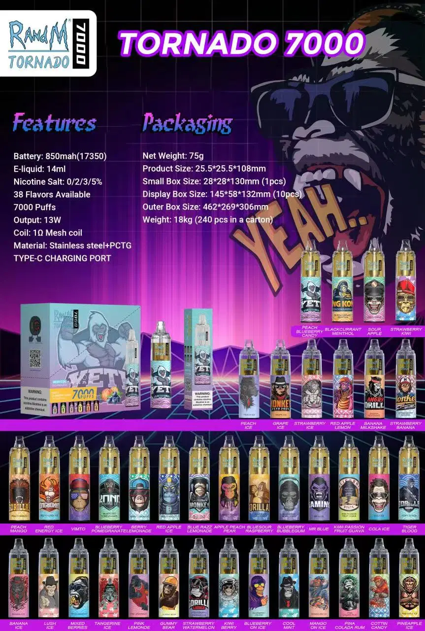 Factory Direct Wholesale Randm Tornado 7000 Puffs 44 Flavors 0% 2% 3% 5% Nic Rechargeable Disposable Vape Pen