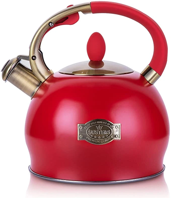 Chaleira do chá da cozinha em cores diferentes - assobiar alto teapot do stovetop feito do aço inoxidável com cabo do teste padrão da madeira, saída original do Chaleira do controle do botão