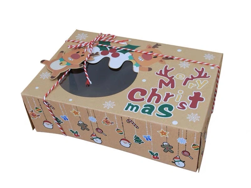 Caixa de papel personalizada Kraft de Natal com Clear Window Xmas Candy Sobremesa bolachas doces biscoitos caixas de oferta de papelão Cupcake caixas de papelão