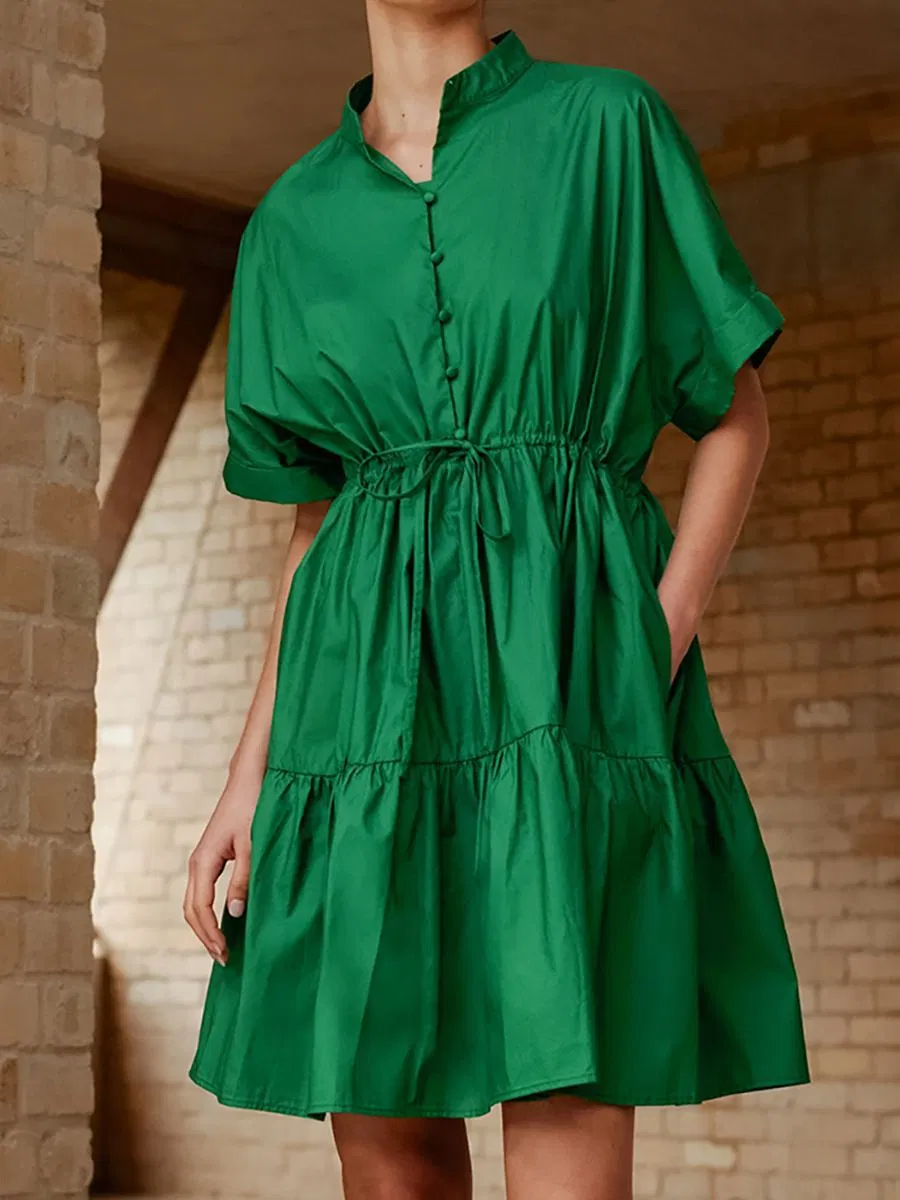 Women Standing Collar Short Sleeved Green A Line Dress Button Down Shirt Dresses for Women