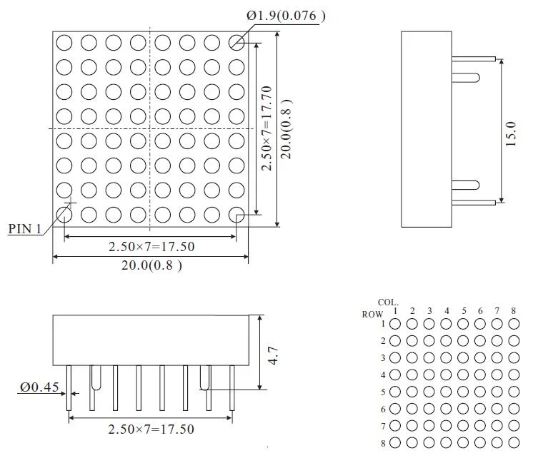 Expert Manufacturer of Custom 0.7 Inch 8X8 LED DOT Matrix with Position Pins