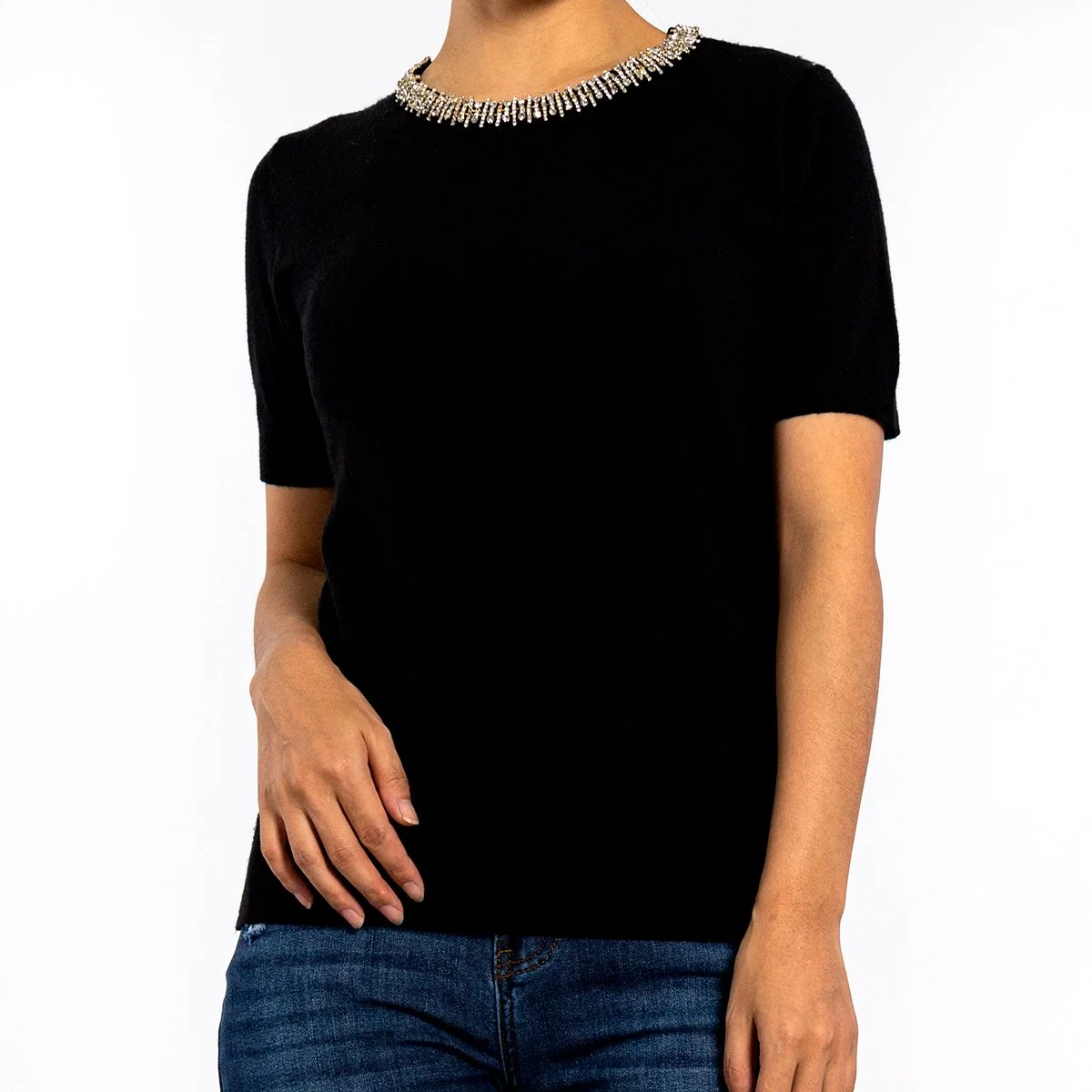 Summer Round Neck Diamond Neckline Short Sleeve Pullover Black Sweaters for Women