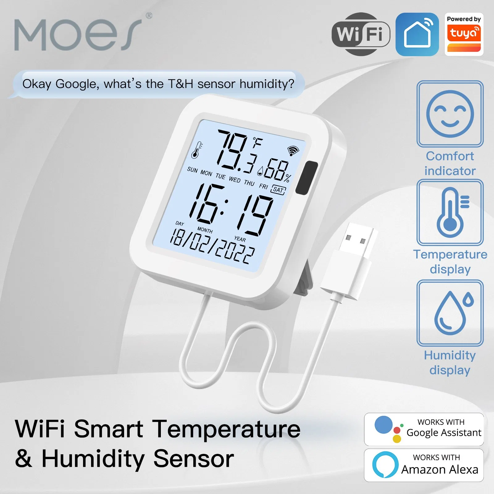 WiFi Smart Temperature & Humidity Sensor with LCD Screen Infrared Sensing Backlight Phone Remote Control Voice Control