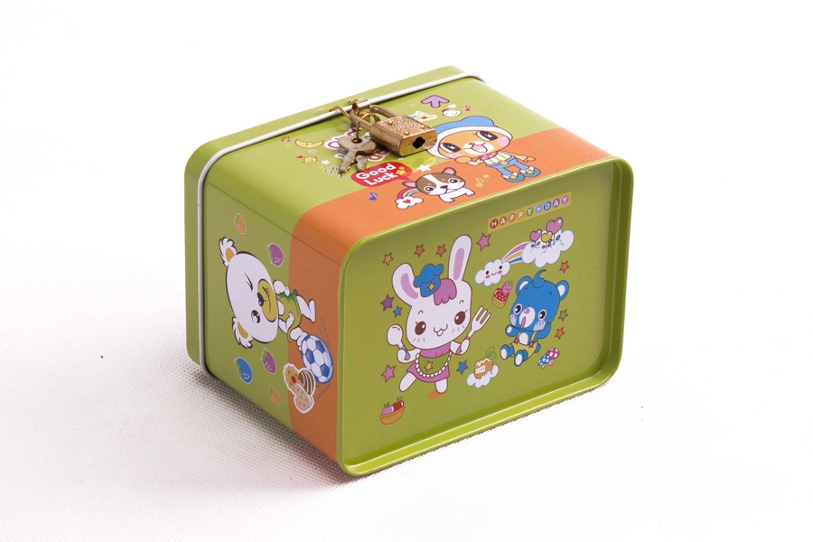 Rectangular Hinged Lid Gift Money Saving Tin Can Coins Bank Metal Box with Lock and Key for Kids Saft Tin Box