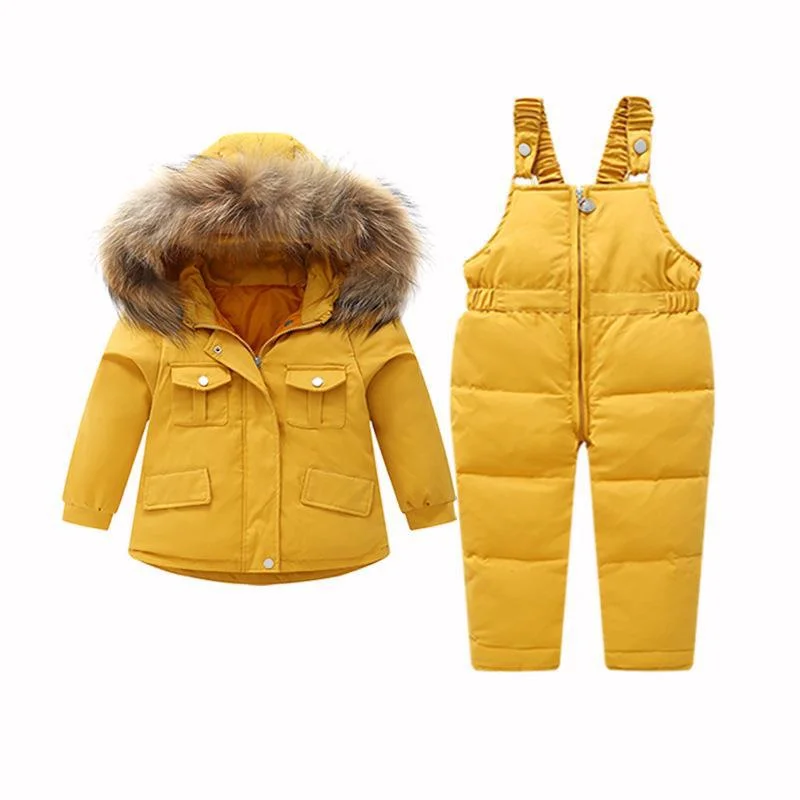 Childrens' White Duck Down Overalls Korean for Kids Coat&Pants Suit