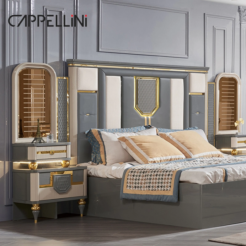 Ensemble de meubles de chambre à coucher en bois de roi de design moderne, comprenant un lit rembourré de taille queen de luxe, des ensembles complets et bon marché.