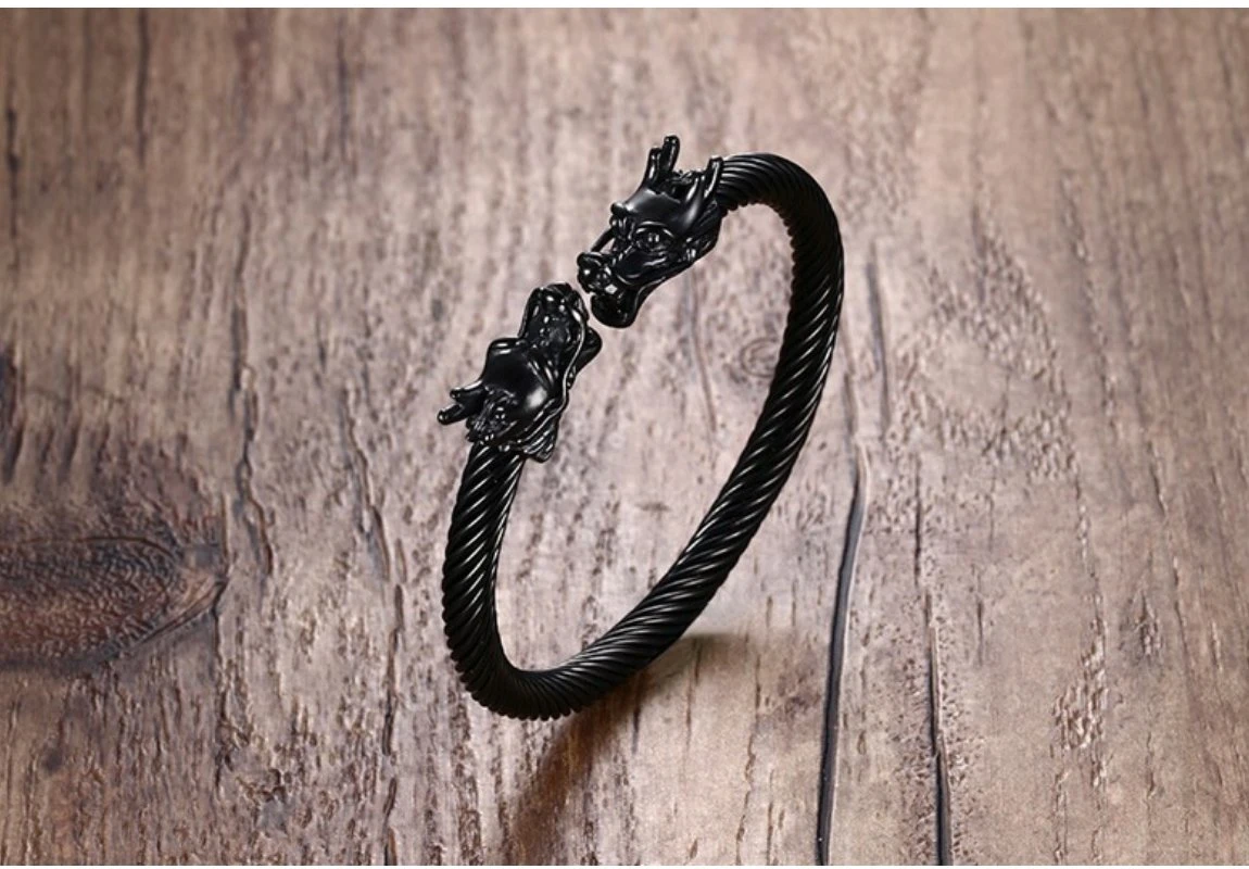 Titanium Steel Bracelet Steel Wire Stainless Steel Wia Dragon Head Open Bracelet Punk Men&prime; S Metal Bracelet Jewelry