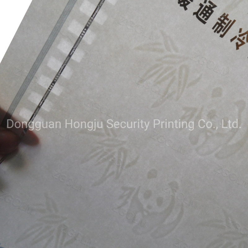 Papel especial de segurança com marca de água e vidro verde e azul para o certificado de rosca