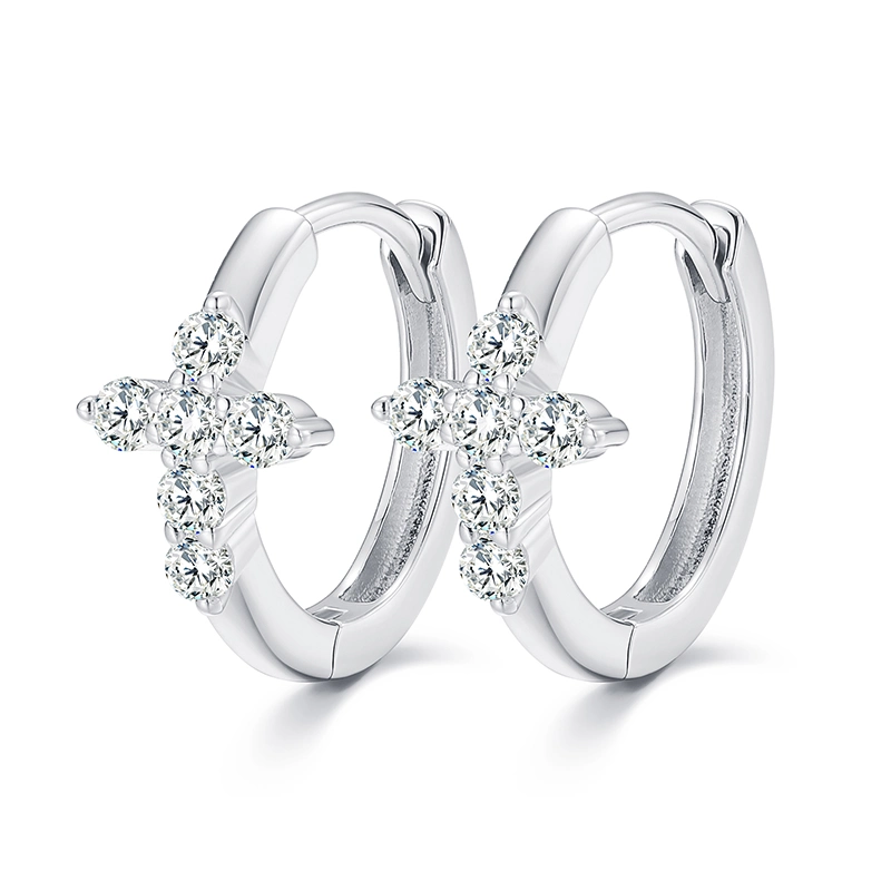 Women's Fashion Jewelry 18K White Gold Plated 925 Sterling Silver Vvs Moissanite Diamond Cross Hoop Earrings