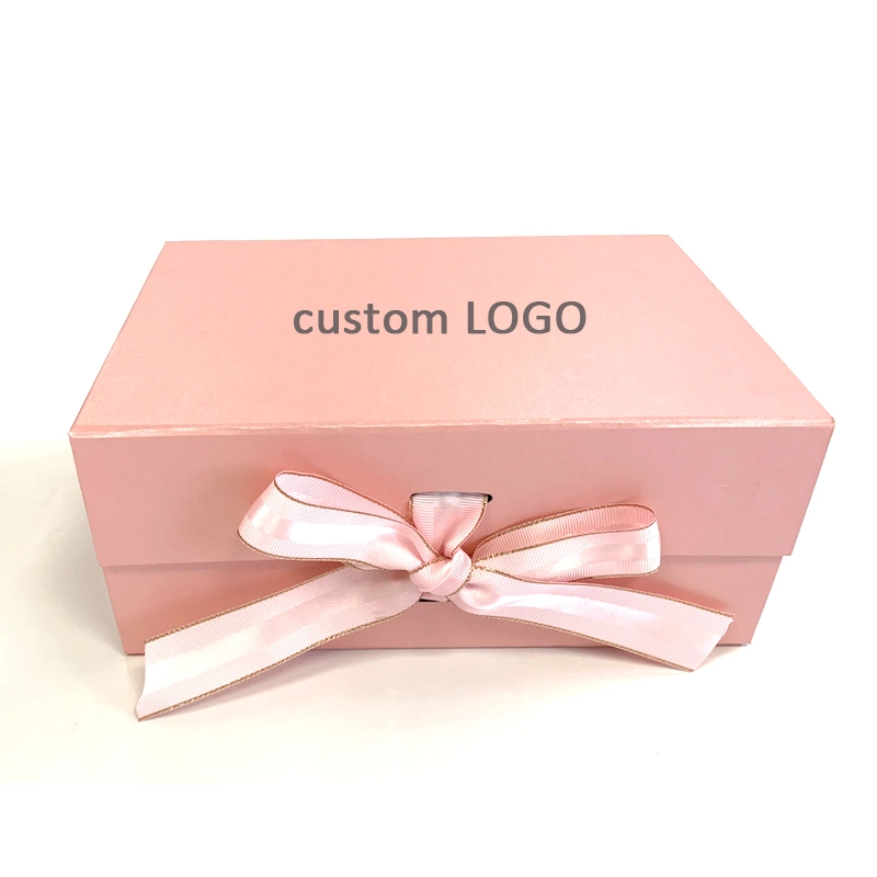 Custom Printing Cardboard Carton Packaging Magnetic Pink Folding Box with Ribbon Gift Jewelry