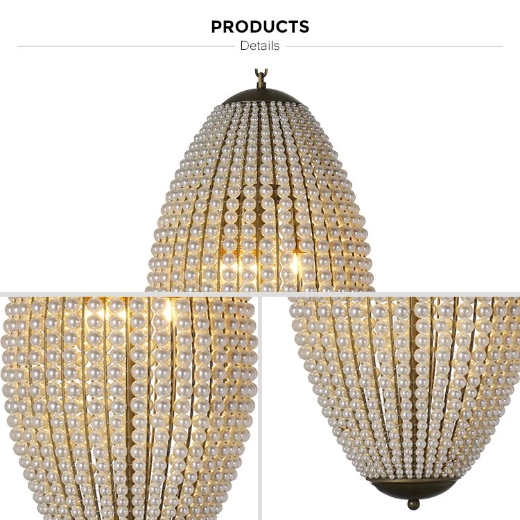 Modern Farmhouse White Plastic Beads Long Oval Shape Handmade Iron Industrial Pendant Ceiling Light