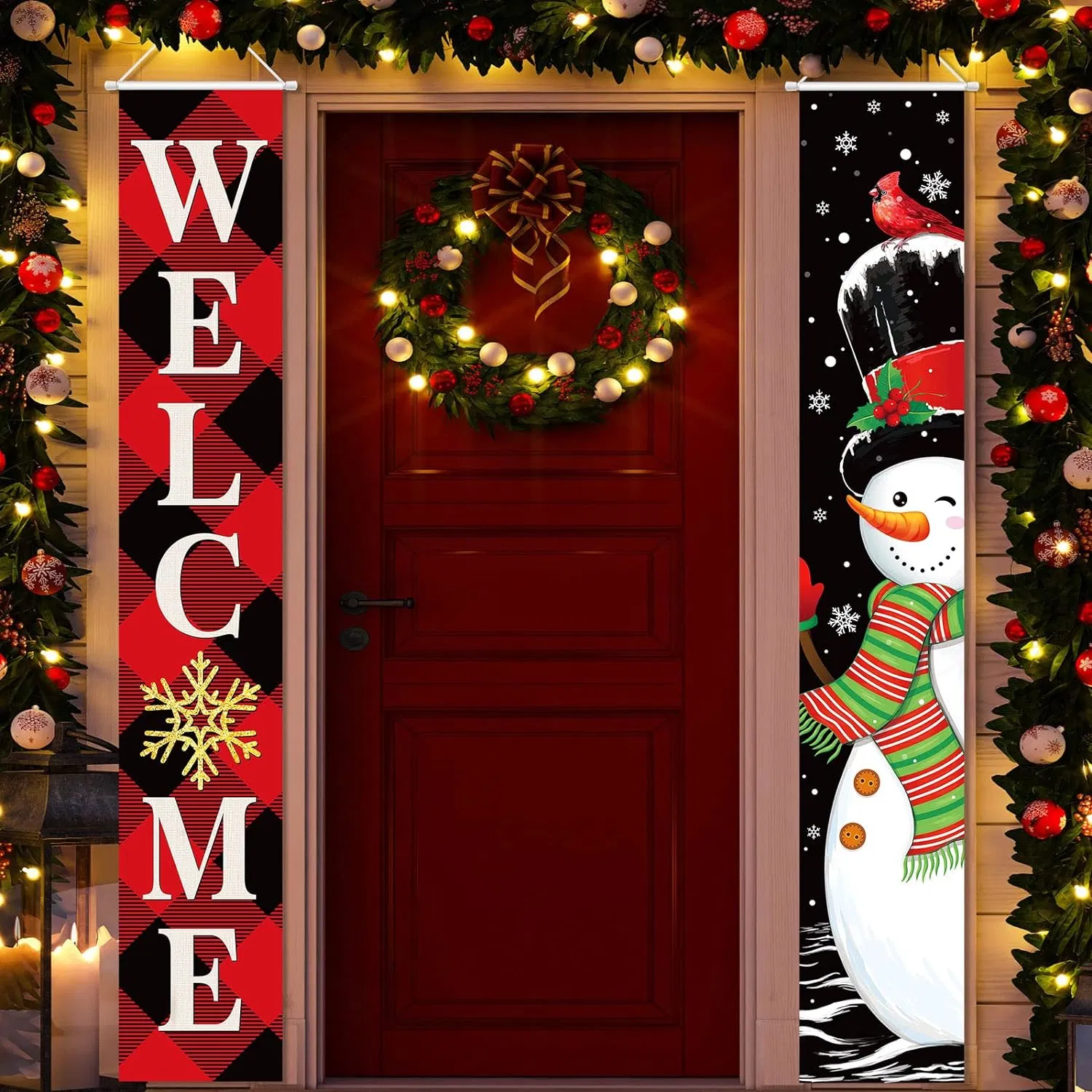 Merry Christmas Hanging Banner Porch Sign with Pattern Christmas Tree Presents Snow Banner for Home Yard Indoor Outdoor Wall Door Party Decorations