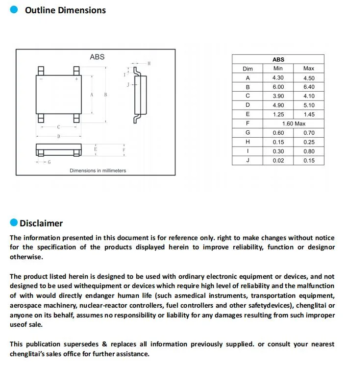 Diode de pont redresseur ABS02 à Diodes de redresseur de pont ABS de la série de diodes de la série de diodes de Diodes de remplacement