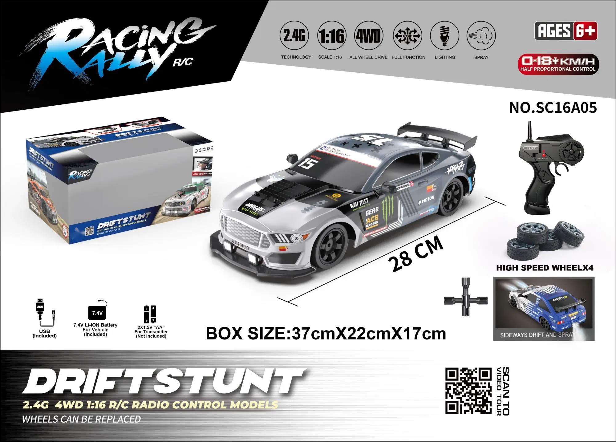 New Product 1: 16 Simulation 4WD Drift Car Sc16A05 Open Window Box Package Power 2.4GHz LED Lights Smoke Function R/C Toy