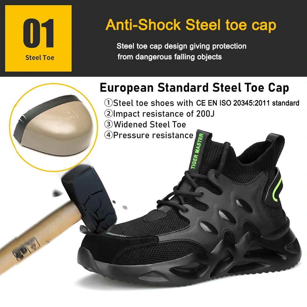 حذاء أسود عالي الكعب ناعم EVA Sole Steel Toe Fashion Sneaker مداسات الأمان للرجال وزن خفيف