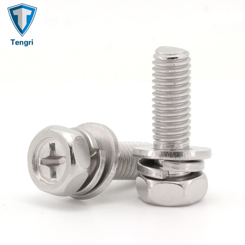 Stainless Steel 304 Hexagon Head Cross Drive Bolt and Spring Washer Plain Washer Assemblies Fasteners