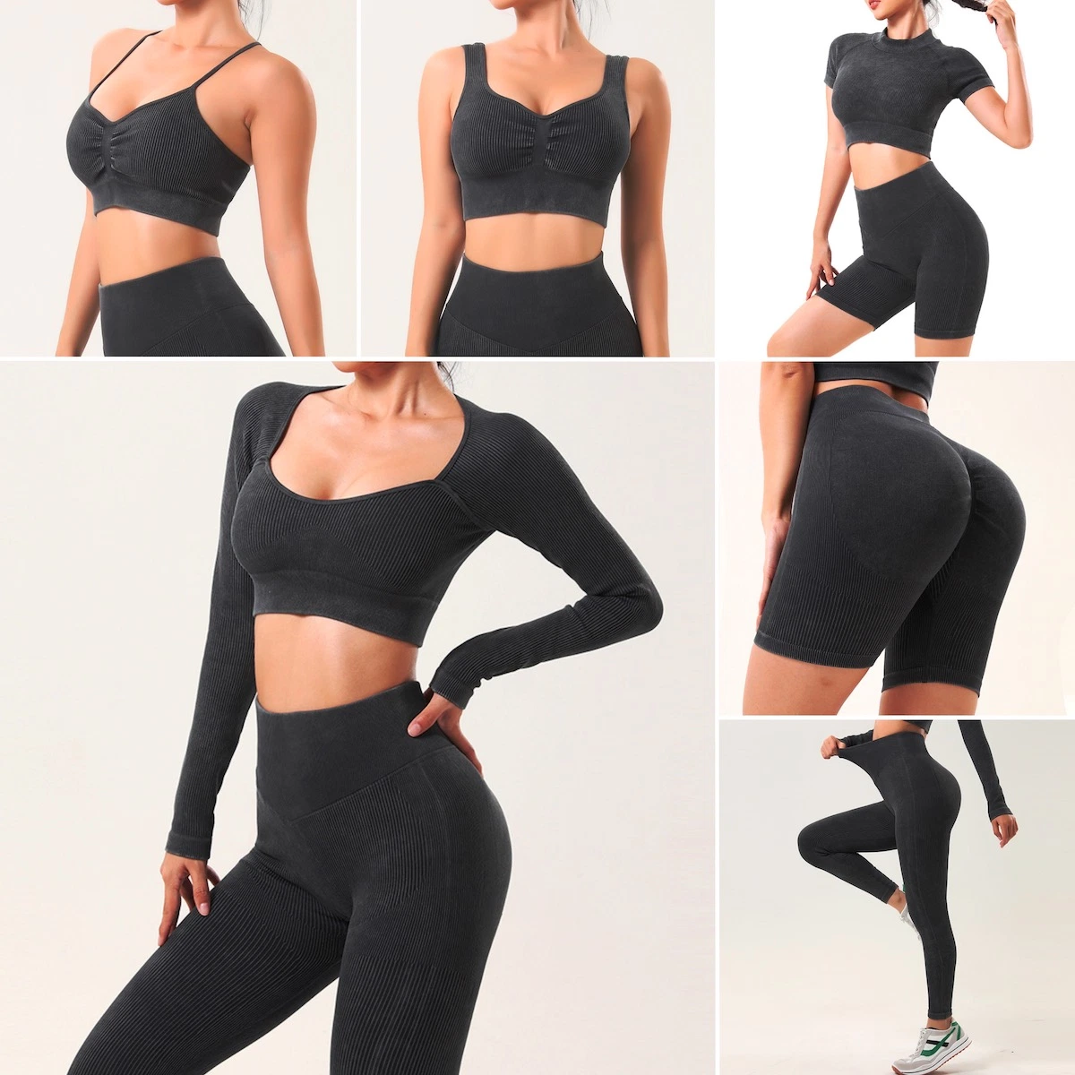 Neue Hot Vintage nahtlose Sportswear für Frauen, 2/3/4/5/6 Stück gerippte Säure gewaschen Gestrickte Activewear-Sets für Lounging, Yoga, Casual Active Outfits Hersteller